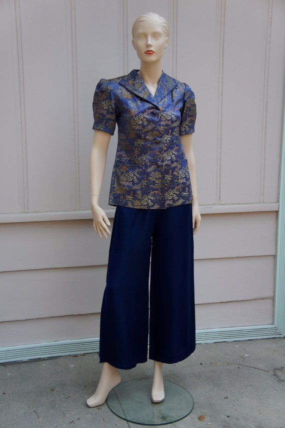 Royal blue, palazzo pant, embroidered, Chinese paj