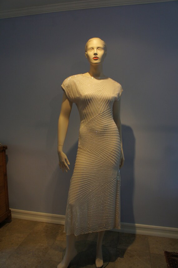 1980's Oleg Cassini blush pink, beaded Deco dress. XS Gem
