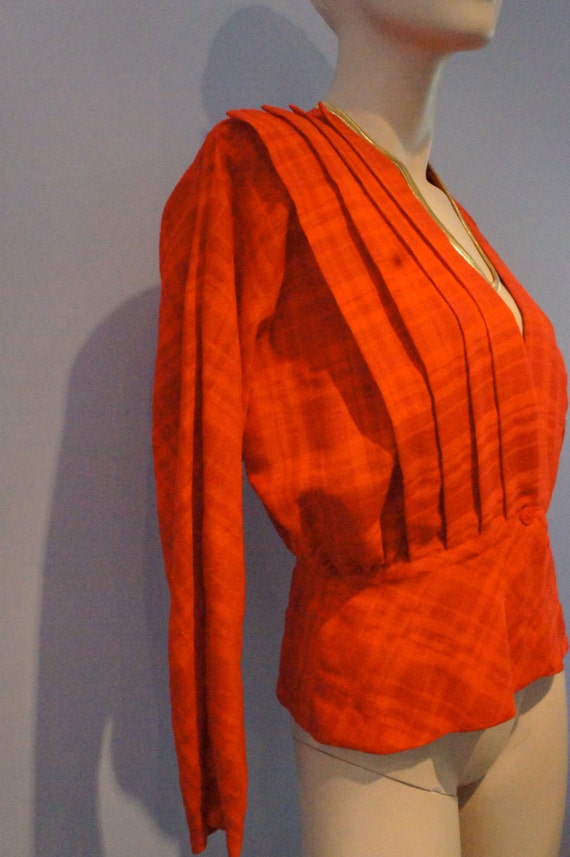 Red on orange-red plaid, linen weave jacket.  198… - image 3