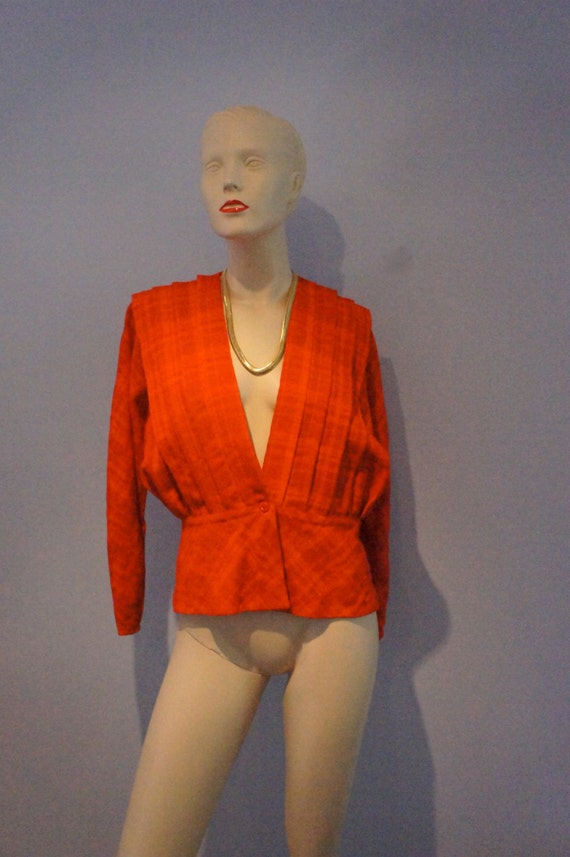 Red on orange-red plaid, linen weave jacket.  198… - image 2