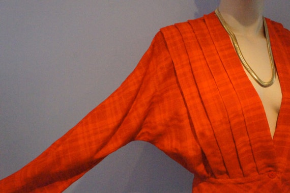 Red on orange-red plaid, linen weave jacket.  198… - image 1