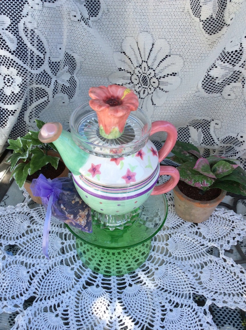 Garden totem teapot bird feeder bird bath stand | Etsy