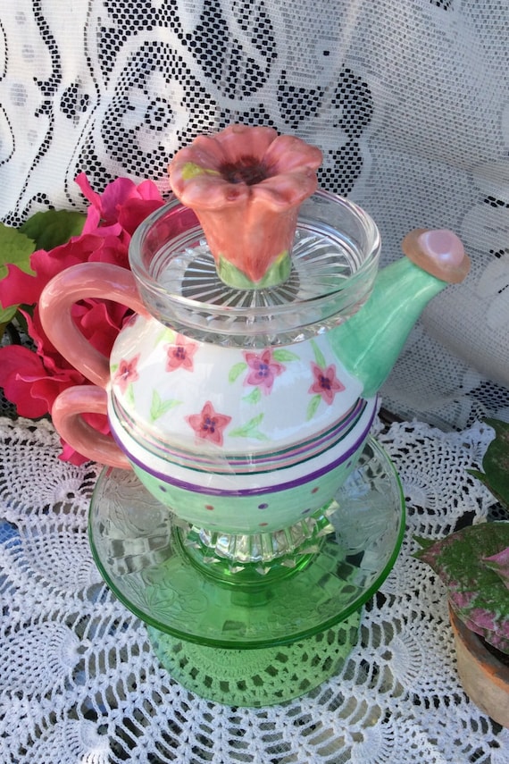 Garden Totem Teapot Bird Feeder Bird Bath Stand Etsy