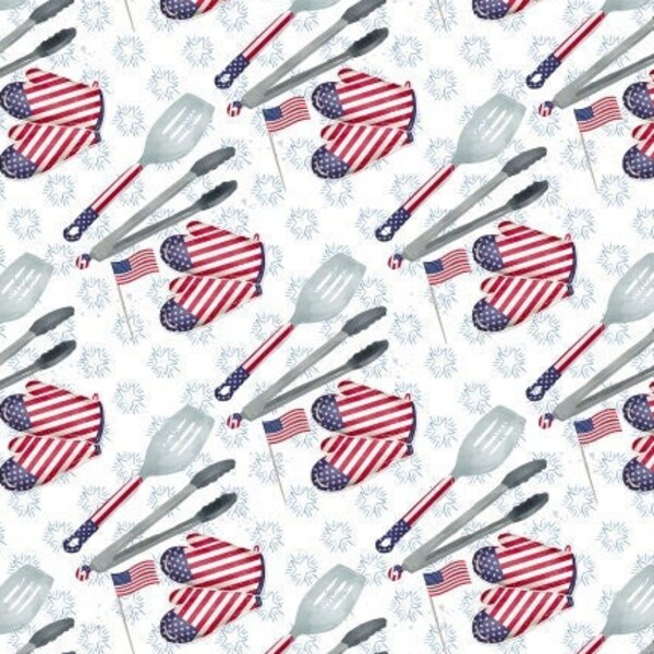 4th July Fabric, Patriotic Hot dogs Fabric, USA Patriotic Fabric, Cookout BBQ Fabric by the Yard (ID71)