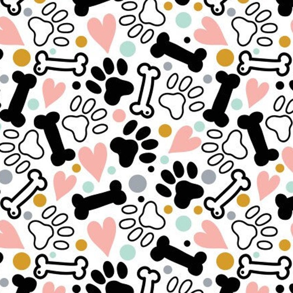 PW8 - Cute Dogs and Cats Paw Prints with Hearts and Bones Fabric, Custom Printed Fabric By The Yard