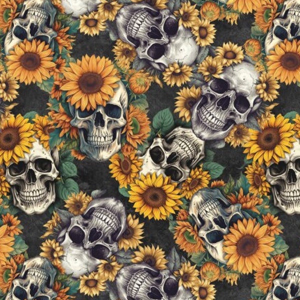 Skull Sunflower Fabric, Sunflower Fabric, Custom Printed Fabric by The Yard (SFLW30)