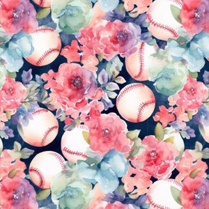 Floral Baseballs Fabric, Sport Fabric, Baseball Fabric, Custom Printed Fabric By the Yard (BSB15)