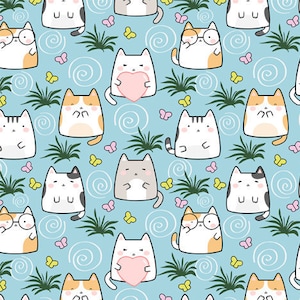 Kawaii Cat Fabric, Cute Animal Fabric, Cat Fabric, Cute Cat Fabric, Custom Printed Fabric (CT2BL)
