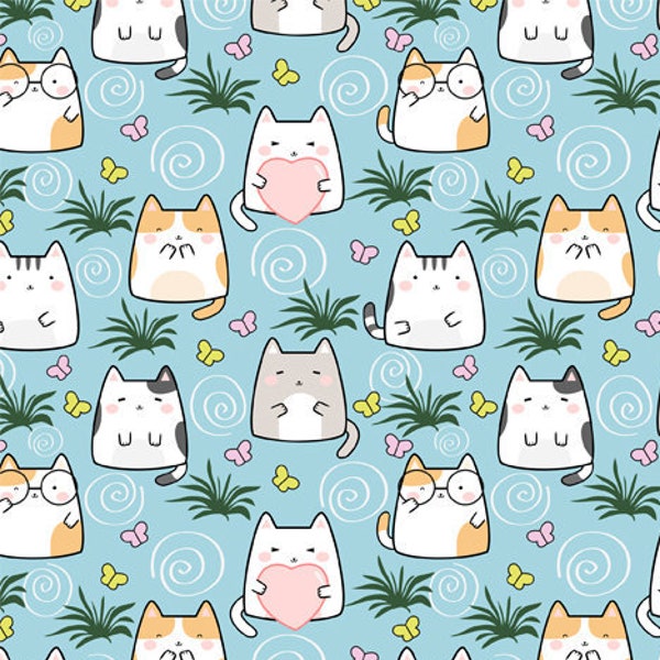 Kawaii Cat Fabric, Cute Animal Fabric, Cat Fabric, Cute Cat Fabric, Custom Printed Fabric (CT2BL)