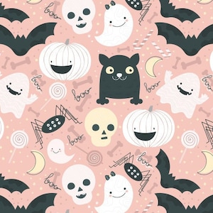 Pastel Halloween, Pink Halloween Fabric By The Yard, Halloween Fabric, Pink Pumpkin, Cute Halloween Fabric, Custom Print Fabric (HAL206A)