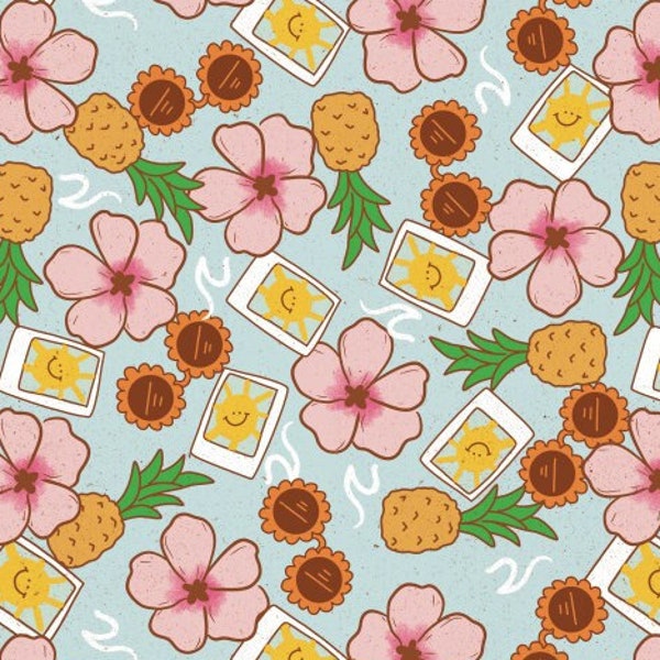 SUM21 - Tropical Flower Fabric, Hawaiian Flowers, Summer Fabric, Hibiscus Flower, Pineapple Fabric By The Yard