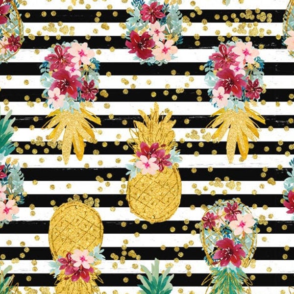 Gold Pineapple Fabric, Glitter Pineapple, Tropical Fabric, Summer Fabric, Custom Printed Fabric (PNP8)