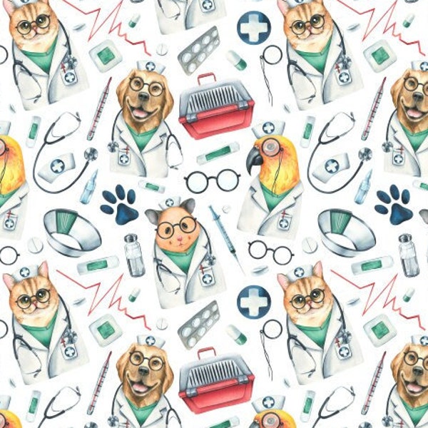VET1 - Veterinary Fabric, Cute Pets Fabric, VET Life, Veterinarian Fabric, Animal Medical Fabric, Custom Printed Fabric