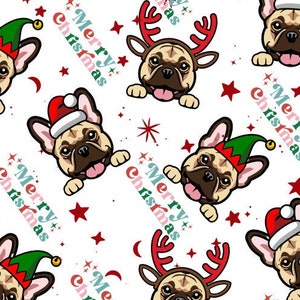 WNT321 - French Bull Dog Christmas Fabric, Christmas Frenchie, Holidays Fabric, Custom Printed Fabric By The Yard