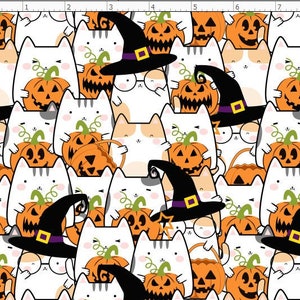 Cute Kawaii Cat Fabric By The Yard, Cat Fabric, Pumpkin, Spooky Halloween Fabric, Witch, Custom Printed Fabric (HAL98)