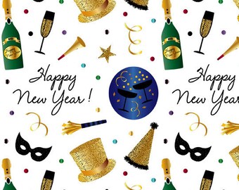 Gold and Black Happy New Year Fabric by the Yard New Years Eve January