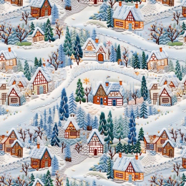 WNT357 - Christmas Village Fabric, Winter Snow Embroidery Christmas Village (Printed to Simulate Embroidery, Not Actual Embroidery)