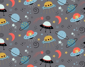 Planets, Outer Space, Solar System, Galaxy Fabric, 100% Organic Interlock Knit cotton, Kona Cotton, Cotton Spandex Jersey Knit (GLX4)