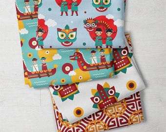 Chinese New Year, Fat Quarter Bundle of 4, Premium Quality 100% Organic Cotton Sateen (FQ31)