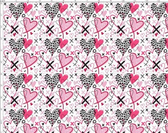 VAL100 - Heart Fabric, Valentine Heart Fabric XOXO Fabric, custom Printed Fabric By The Yard