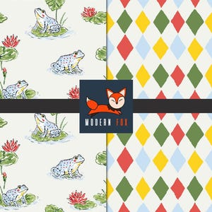 May include: A pattern design featuring watercolor illustrations of frogs on lily pads with red water lilies. The design also includes a geometric pattern of red, yellow, and green diamonds on a white background. The Modern Fox logo is also present.