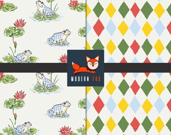 FRG2 - Cute Frog and Lily Pad, Harlequin Diamond Fabric, Custom Printed Fabric By The Yard