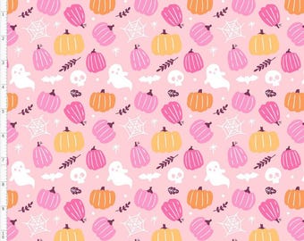 Pink Halloween Fabric By The Yard, Halloween Fabric, Pink Pumpkin, Cute Halloween Fabric, Custom Print Fabric (HAL223A)