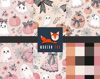 HAL301 - Pastel Halloween, Pink Halloween Fabric By The Yard, Halloween Fabric, Pink Pumpkin, Cute Halloween Fabric, Custom Print Fabric