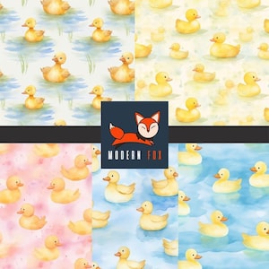 May include: A collection of watercolor patterns featuring yellow rubber ducks in various settings. The patterns include ducks on water with green reeds, and ducks on pink and blue backgrounds. The Modern Fox logo is in the center.