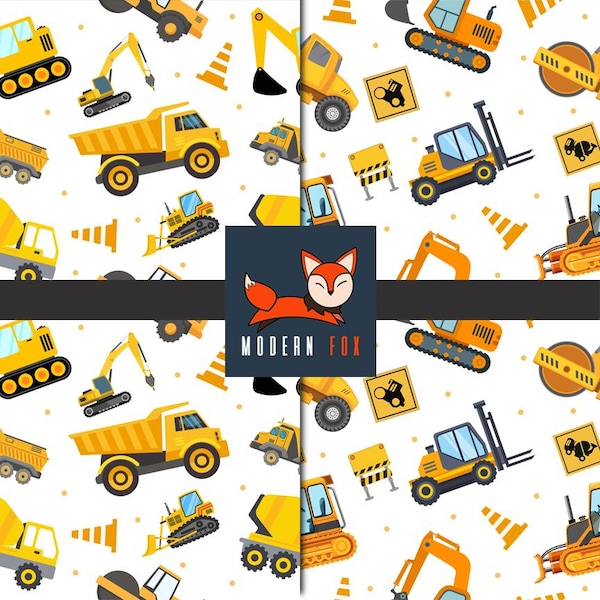 CTRUC6 - Construction Vehicles, Diggers & Dozers Construction Site, Heavy Machinery, Custom Printed Fabric By The Yard
