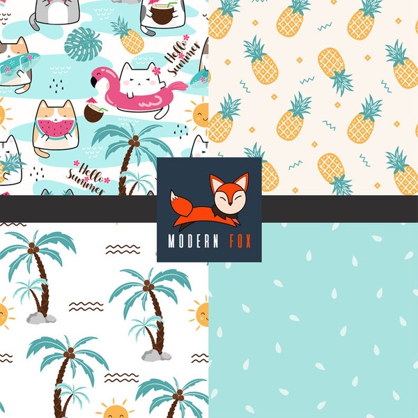 Summer Kawaii Cat Fabric, Hawaiian Flowers, Summer Fabric, Coconut Tree, Watermelon, Pineapple Fabric By The Yard (SUM15)