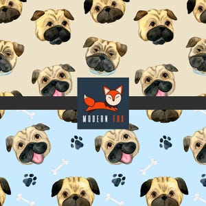 Adorable Pug Dog Fabric by the Yard, Dog Head Faces Pug Puppies, Pet Fabric, Fabric By the yard (DG41)