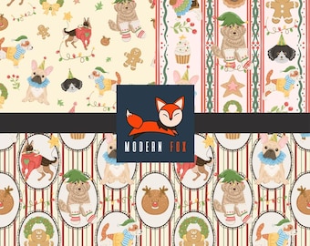 WNT429 - Cute Christmas Dog Fabric, Christmas Puppies, Holidays Fabric, Custom Printed Fabric By The Yard