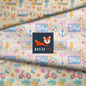 May include: Fabric featuring a repeating pattern of nautical and summer icons including sailboats, anchors, crabs, seahorses, palm trees, lighthouses, and scooters. A dark blue square logo with a stylized orange fox and the text MODERN FOX is centered.