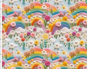 RBOW23-Please read before ordering this print-This pattern is a PRINTED Pastel Rainbow Embroidery, NOT Actual Embroidery Fabric,  NO Texture