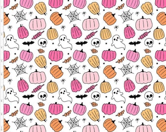 Pink Halloween Fabric By The Yard, Halloween Fabric, Pink Pumpkin, Cute Halloween Fabric, Custom Print Fabric (HAL222A)