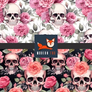HAL227 - Skull Pink Flowers Fabric By The Yard, Halloween Fabric, Sugar Skulls Fabric, Custom Print Fabric