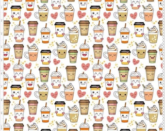 Pumpkin Spice Latte Fabric, Cute Kawaii Fabric, Kawaii Coffee Fabric, Coffee Fabric (COF8)