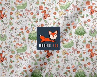 Puede incluir: Una tela blanca con un patrón repetitivo de gansos de dibujos animados con diversos atuendos festivos, incluyendo gorros de Papá Noel y bufandas, entre árboles de Navidad, regalos, bastones de caramelo y lazos. Un logo cuadrado con un zorro y el texto MODERN FOX está centrado.