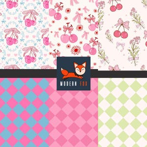 May include: A collection of four patterned designs. The top row features cherry and bow patterns in pink and red on a white background. The bottom row shows a blue and pink diamond pattern and a green and white diamond pattern. A Modern Fox logo is in the center.