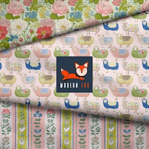 May include: Three layered fabric swatches featuring a top floral pattern with pink and white roses on green, a middle section with rows of colorful sheep on a light pink background, and a bottom section with vertical floral stripes and lace details.