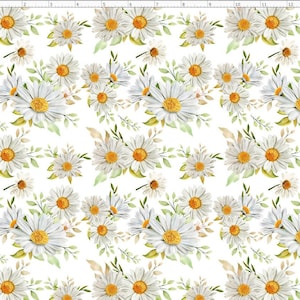 Daisy Flower Fabric, White Daisy Fabric, Daisy Fabric, White Daisy, Custom Printed Fabric by The Yard (FLW120)