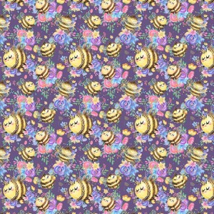 May include: A repeating pattern of cartoon bees and flowers on a purple background. The bees are yellow and brown with closed eyes, surrounded by blue, pink, and purple flowers. The design is whimsical and colorful.