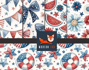 ID128 - 4th July Fabric, Vintage Patriotic Fabric, USA Patriotic Fabric, Ice Cream, 4th of July Vintage Roller Skate, Fabric by the Yard