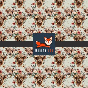 May include: A repeating pattern featuring watercolor illustrations of Highland cows adorned with floral wreaths. The background is a soft green, and the design includes the "Modern Fox" logo. The cows are brown with long, shaggy fur.