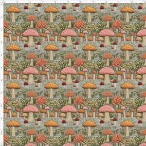 Please read before ordering this print--This pattern is a PRINTED Mushroom Embroidery, NOT Actual Embroidery Fabric,  NO Texture (MSREMB1)