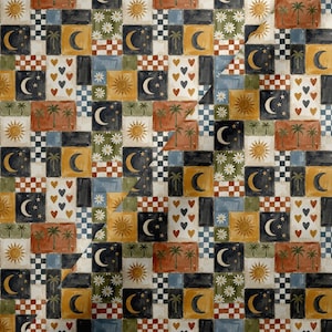 May include: A patchwork pattern featuring squares with various designs. The squares include images of moons, suns, palm trees, hearts, and daisies. The color palette includes shades of blue, orange, yellow, and green, with a checkered and stitched border.