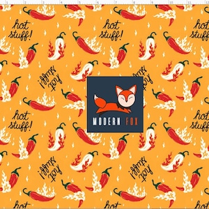 May include: A repeating pattern of red chili peppers and flames on a yellow background, with the words "hot stuff!" in black script. A Modern Fox logo with a fox is in the center.