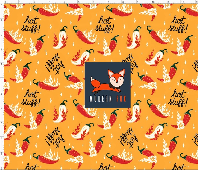 May include: A repeating pattern of red chili peppers and flames on a yellow background, with the words "hot stuff!" in black script. A Modern Fox logo with a fox is in the center.