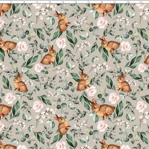 BN4 - Cute Rabbit and Pink Flowers Fabric, Bunny Fabric, Easter Bunnies Fabric, Custom Printed Fabric By The Yard